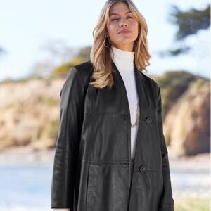 Jessica London Black‎ Leather Swing Coat Longline Button Front Jacket 22W